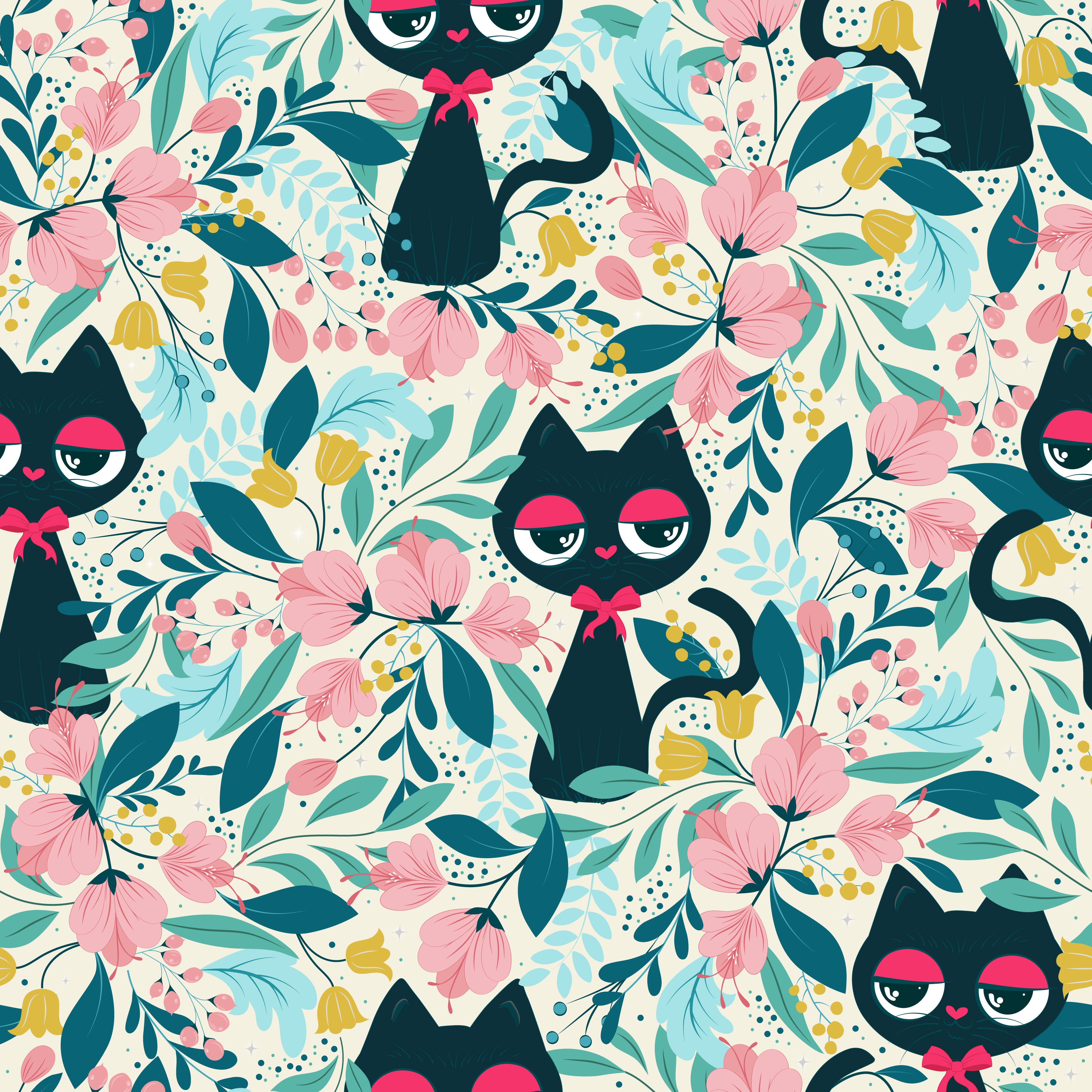 Cat in the Garden Off White peel and stick wallpaper pattern detail